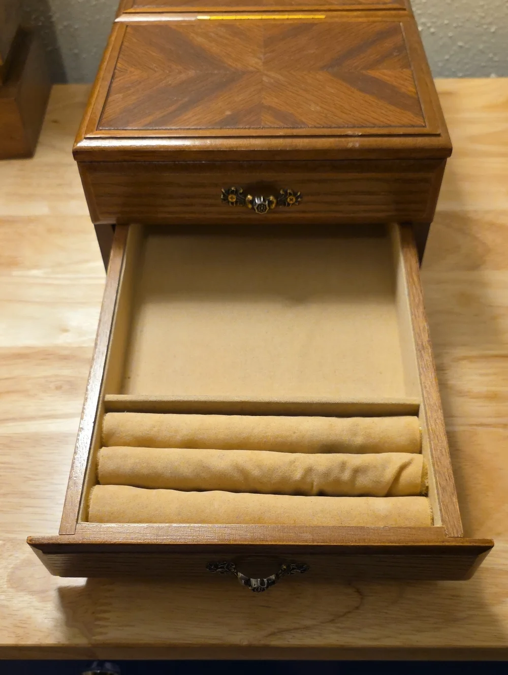 Vintage Mid-Century Wooden Jewelry Box Featuring Built-in Beveled Mirror